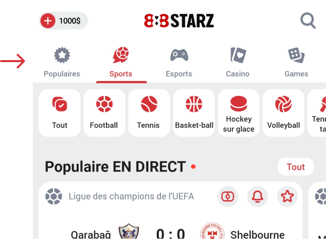 Allez dans l'onglet Sports 888starz Apk Maroc