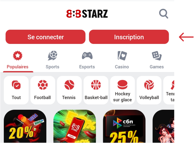 Trouvez le bouton d'inscription 888starz Apk Maroc